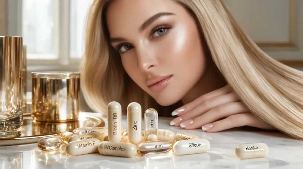A vibrant composition showcasing a collection of hair and nail vitamins arranged artistically on a soft, pastel-colored background. In the foreground, focus on an array of colorful bottles and capsules labeled with their benefits, beautifully illuminated by natural sunlight, creating a warm and inviting atmosphere. The middle ground features a stylish vanity table adorned with a plant, hairbrush, and a mirror reflecting the vitamins, symbolizing a beauty routine. In the background, blurred elements of a cozy bathroom setting enhance the context. Use a shallow depth of field to draw attention to the vitamins while maintaining a dreamy, serene mood throughout the image.