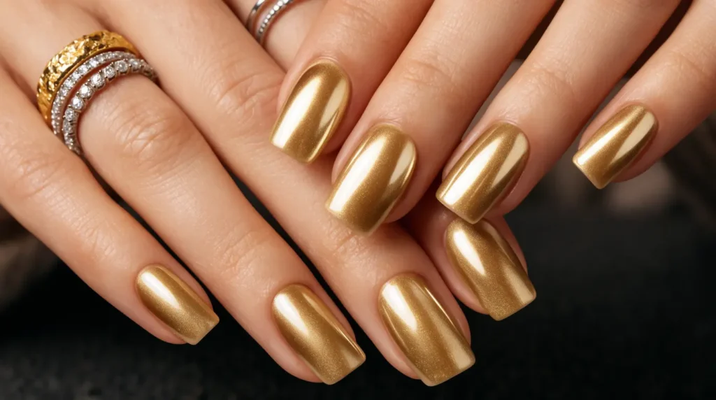A close-up view of elegantly manicured almond-shaped nails featuring a rich golden polish with delicate white accents. The foreground captures the shimmering golden nails glistening under soft, diffused natural light, reflecting a sense of sophistication and elegance. In the middle, a subtle, textured wooden surface serves as a backdrop, enhancing the warmth of the gold. The background remains blurred, emphasizing the nails while maintaining a refined aesthetic. The overall mood is luxurious and chic, inviting the viewer to appreciate the artistry of nail design. The image should be shot with a shallow depth of field to create a striking bokeh effect, ensuring the focus remains purely on the exquisite nail art.