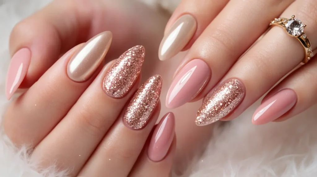 A beautifully arranged scene showcasing delicate pink gel nail art on a clean, elegant workspace. In the foreground, focus on a hand gently displaying intricately designed gel nails featuring soft pink hues, delicate floral patterns, and subtle glitter accents. The middle ground reveals a neatly organized table with nail tools, vibrant nail polishes in various shades of pink, and fresh flowers as decorative elements, emphasizing a creative and inviting atmosphere. The background features a softly blurred, warm-toned interior, enhancing the cozy ambiance. Use natural, diffused lighting to illuminate the scene, creating a soft, inviting glow. Capture the image from a slightly elevated angle, emphasizing the beauty of the nails and the artistic process of home nail decoration.