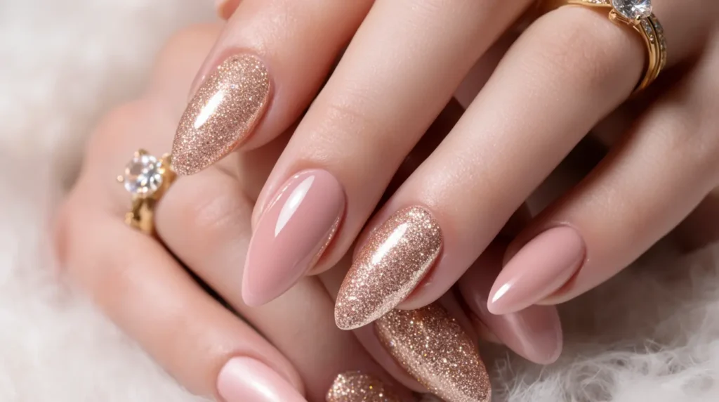 A close-up view of elegantly decorated pink gel nails, showcasing various nail art designs. The foreground highlights a well-manicured hand gently resting on a delicate fabric, like lace or silk, adding a soft texture. The gel nails feature intricate patterns, including floral accents, sparkling glitter, and subtle ombre effects, all in shades of pink and soft pastels. In the middle, a stylish nail polish bottle complements the aesthetic, with a few scattered decorative gems nearby. The background is softly blurred, hints of a chic salon setting with soft lighting creating a warm and inviting atmosphere. The composition captures a sense of sophistication and femininity, showcasing popular trends in pink gel nails.