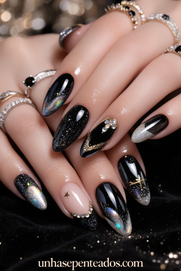 unha preta decorada com glitter