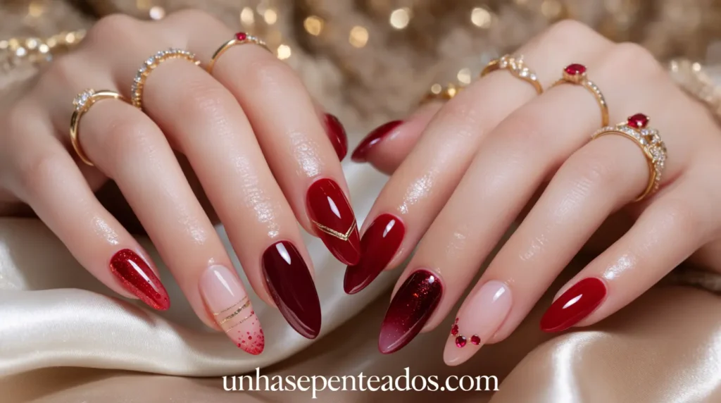 A beautifully arranged flat lay showcasing various designs of red nails suitable for different occasions. In the foreground, glossy red manicures on well-groomed hands, featuring elegant nail art like delicate gold accents, matte finishes, and glitter overlays. The middle ground displays stylish accessories like rings and bracelets, enhancing the overall sophistication. In the background, soft-focus elements of a chic workspace with a subtle color palette, including a velvet fabric and elegant candles for ambiance. The lighting is warm and inviting, casting gentle shadows that highlight the nail designs. The mood is luxurious and inspiring, emphasizing versatility and elegance for any event, from casual gatherings to formal occasions.